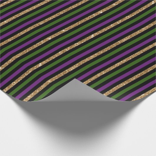 紫、緑、黒、フェイク金ゴールドストライプマルディグラ ラッピングペーパー (角)