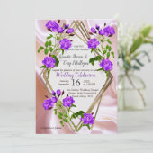 紫、金ゴールドとバラ、ピンク、マゼンタシルク 招待状 (スタンド正面)