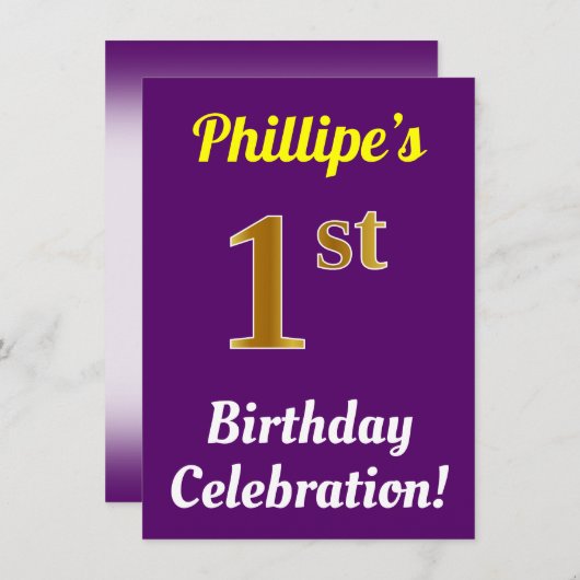 紫、金ゴールドフェイク1st誕生日お祝い+名前 招待状 (正面/裏面)