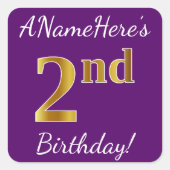 紫、金ゴールドフェイク2回目の誕生日+名前をカスタムする スクエアシール (正面)