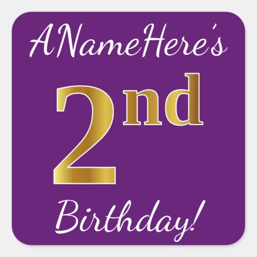紫、金ゴールドフェイク2回目の誕生日+名前をカスタムする スクエアシール (正面)
