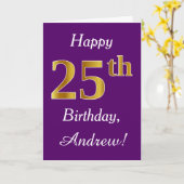 紫、金ゴールドフェイク25誕生日+名前をカスタムする カード (黄色い花)