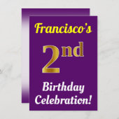 紫、金ゴールドフェイク2nd誕生日お祝い+名前 招待状 (正面/裏面)
