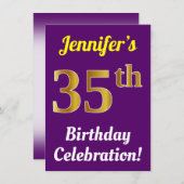 紫、金ゴールドフェイク35番目の誕生祝い+名前 招待状 (正面/裏面)