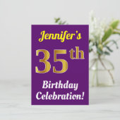 紫、金ゴールドフェイク35番目の誕生祝い+名前 招待状 (スタンド正面)