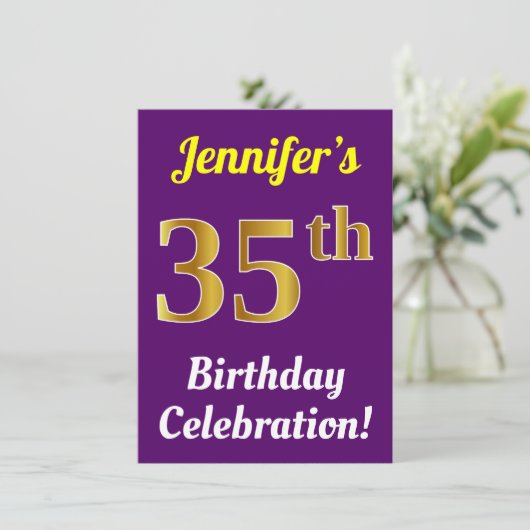 紫、金ゴールドフェイク35番目の誕生祝い+名前 招待状 (スタンド正面)