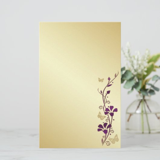 紫、金ゴールドフローラ蝶結婚の文房具 便箋 (スタンド正面)