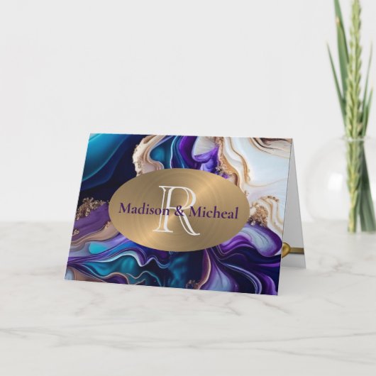 紫、金ゴールド、アクアエレガントな結婚式 サンキューカード (正面)