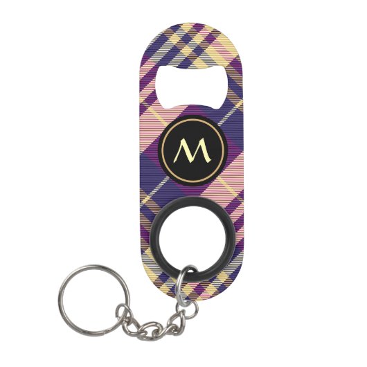 紫、金ゴールド、青のタータンチェック キーホルダー栓抜き (正面)