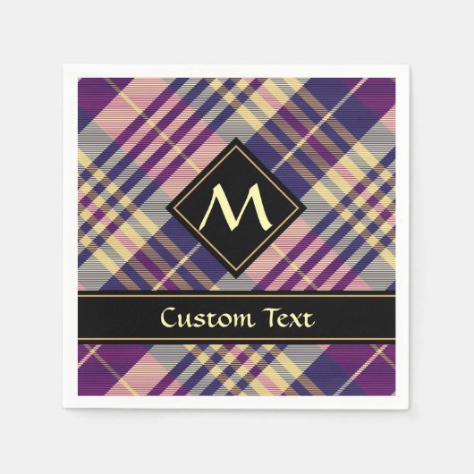 紫、金ゴールド、青のタータンチェック スタンダードカクテルナプキン (正面)