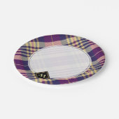 紫、金ゴールド、青のタータンチェック ペーパープレート (アングル)