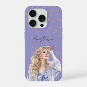 紫+金+紙吹雪+ブロンド+少女+蝶 iPhone 15 PROケース