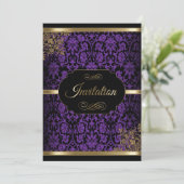 紫、金、黒のダマスク柄 DIY パーティー招待状 招待状 (スタンド正面)