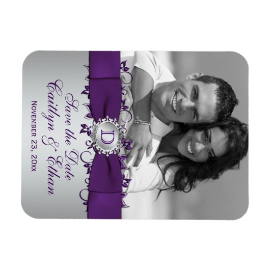 紫、銀のフローラ日付写真マグネットを保存 マグネット (横)