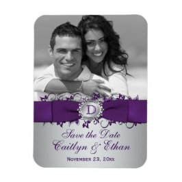 紫、銀のフローラ日付写真マグネットを保存 マグネット