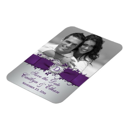 紫、銀のフローラ日付写真マグネットを保存 マグネット (左側)