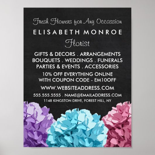 紫、青とピンクのあじさいがチョークボードフローリー ポスター (正面)