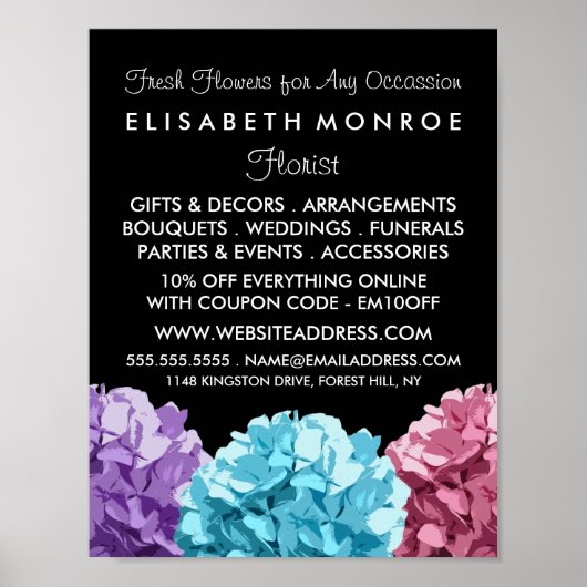 紫、青とピンクの紫陽花、花屋 ポスター (正面)