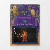 紫、青の森、フクロウ、蝶誕生日 三つ折り招待状 (カバー)