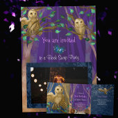 紫、青の森、フクロウ、蝶誕生日 三つ折り招待状