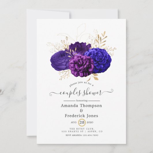 紫、青王室の色、金ゴールドフローラカップルのシャワー 招待状 (正面)