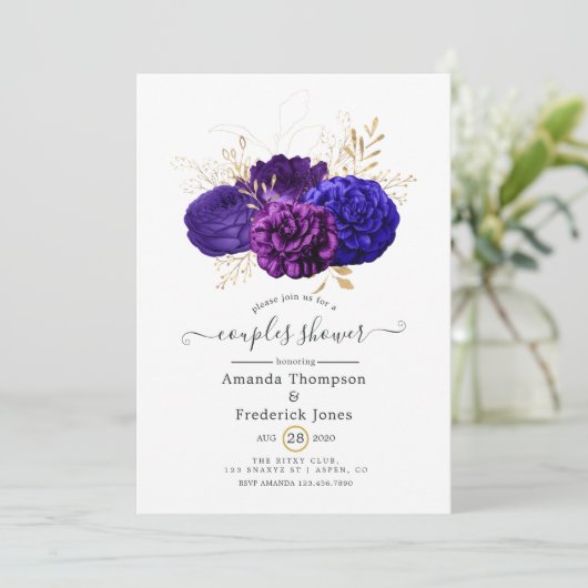 紫、青王室の色、金ゴールドフローラカップルのシャワー 招待状 (スタンド正面)