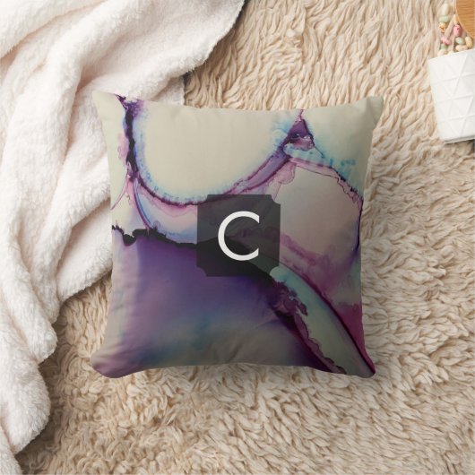 紫、青、ピンクの抽象芸術液体アートモノグラム クッション (ブランケット)