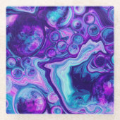 紫、青、ピンクの《写真》ぼけ味大理石の流体アート ガラスコースター (正面)