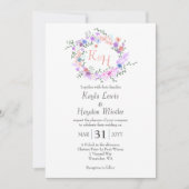 紫、青、ピンク、桃のバラ結婚のリース 招待状 (正面)