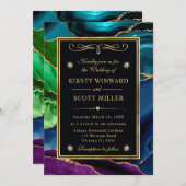 紫、青、緑のグリッターアゲート結婚ト 招待状 (正面/裏面)
