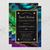 紫、青、緑のグリッター瑪瑙Sweet sixteen 招待状 (正面/裏面)