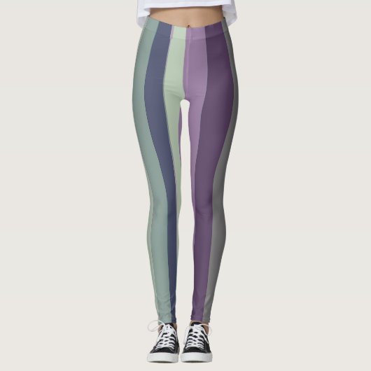 紫、青、緑の抽象芸術ストライプ レギンス (正面)
