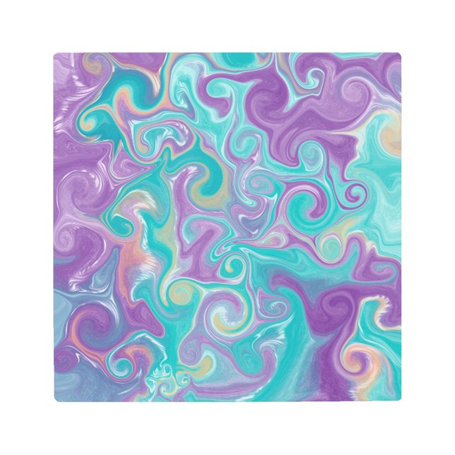 紫、青、金ゴールド、ティール（緑がかった色）の渦巻き メタルプリント (正面)