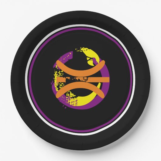 紫/黄金色/黒のバスケットボール9インチプレート ペーパープレート (正面)