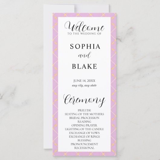 紫、黄、および白の格子縞結婚式 プログラム (正面)