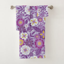 紫、黄、マゼンタのフローラ バスタオルセット