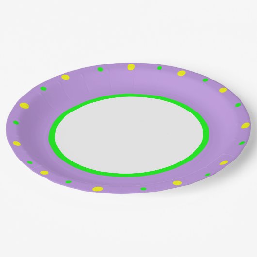 紫 黄 緑 幾何学的な水玉模様 ペーパープレート (アングル)