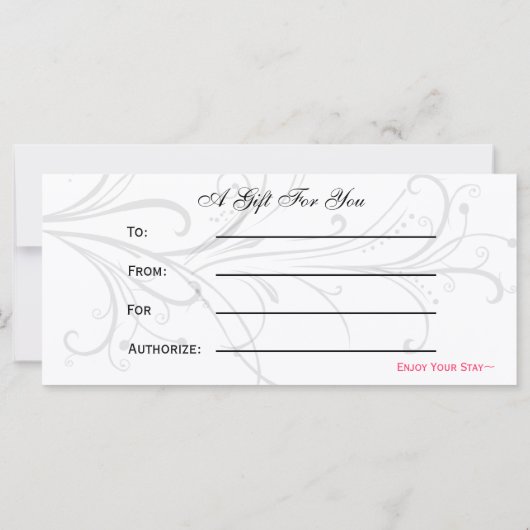 紫、黒および白のシックなギフト証明書 (裏面)