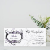 紫、黒および白のシックなギフト証明書 (スタンド正面)