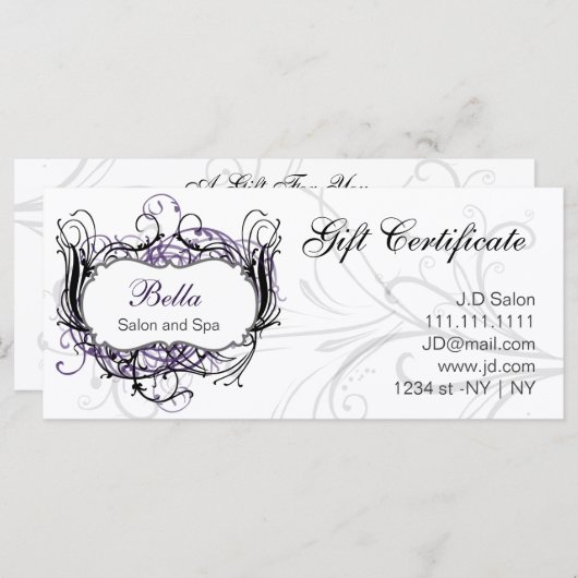 紫、黒および白のシックなギフト証明書 (正面/裏面)