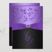 紫、黒のフローラモノグラムの結婚式の招待 招待状 (正面/裏面)