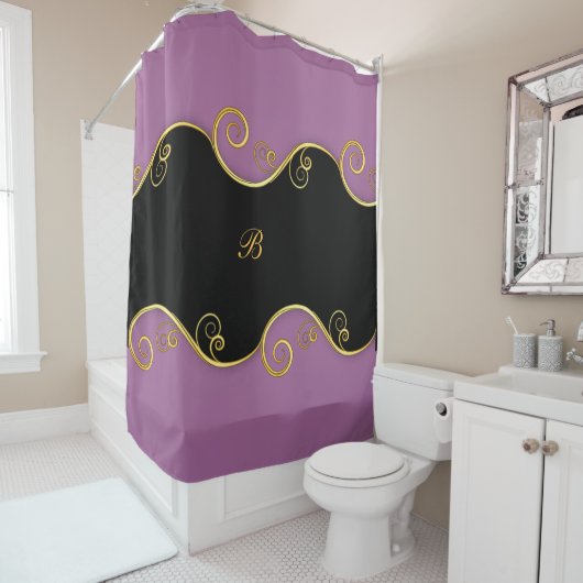 紫 – 黒スワールとアウトモノグラムシャワーカーテン シャワーカーテン (インサイチュ)