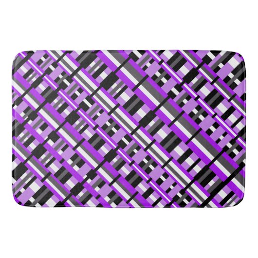 紫、黒、グレーの対角線の格子模様 バスマット (正面)