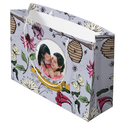 紫、黒、金ゴールドクイーンビー王室のクラウン写真 ラージペーパーバッグ (裏面アングル)