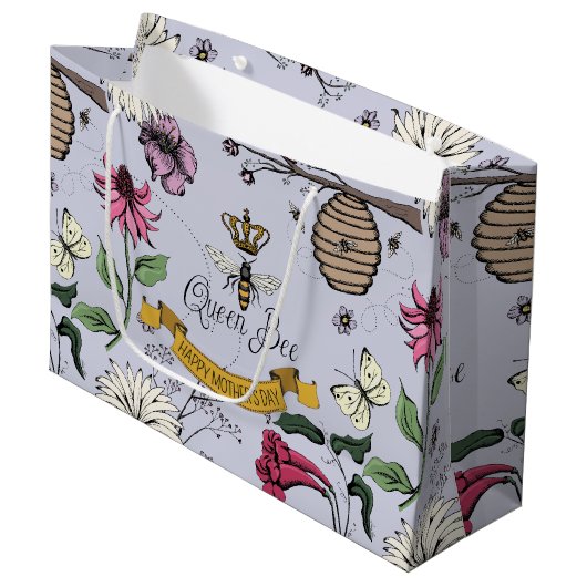 紫、黒、金ゴールドクイーンビー王室のクラウン写真 ラージペーパーバッグ (正面アングル)