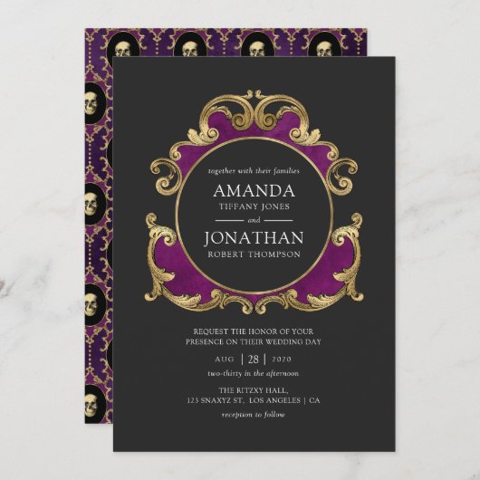 紫、黒、金ゴールドゴシック結婚式招待状 招待状 (正面/裏面)