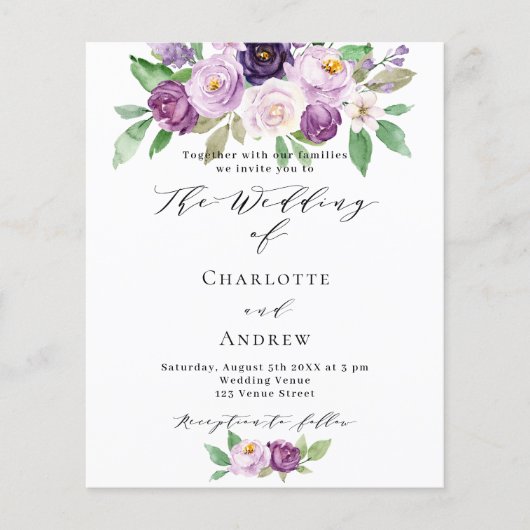 紫QR RSVP予算結婚式招待状 (正面)