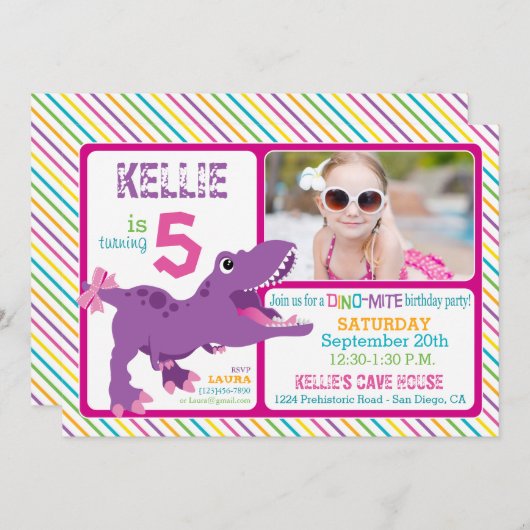 紫Tレックス恐竜ストライプ誕生日 招待状 (正面/裏面)