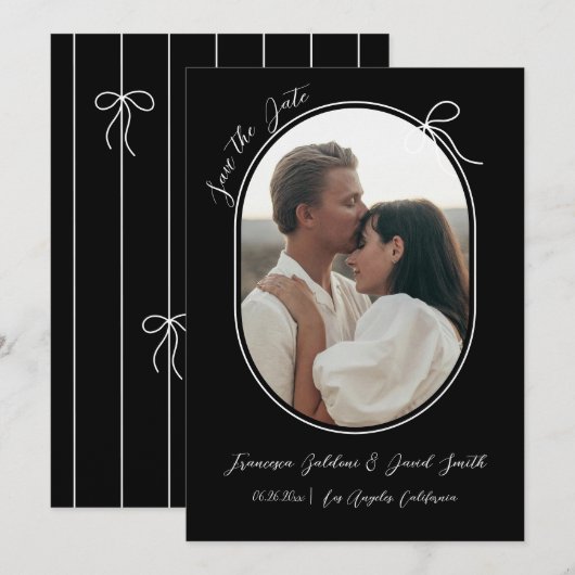 細い枠と小さなリボンの卵形写真 セーブザデート (正面/裏面)