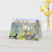 細い犬の卵およびスプーンのおもしろい! カード (黄色い花)